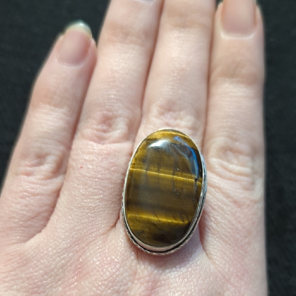 Silver Plated Brown Tiger's Eye Gemstone Oval Statement Ring - Size 8
